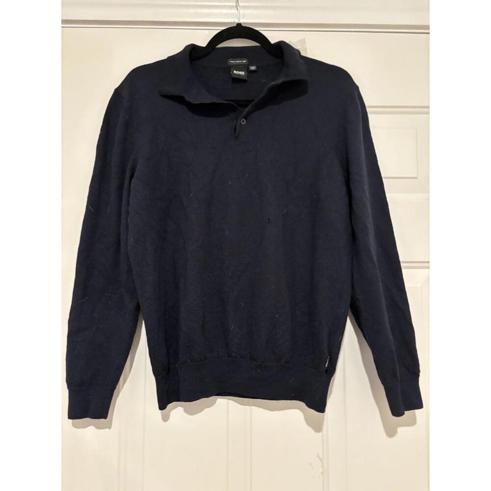 Womens sz L Boss Italian yarn navy knit sweater #556
